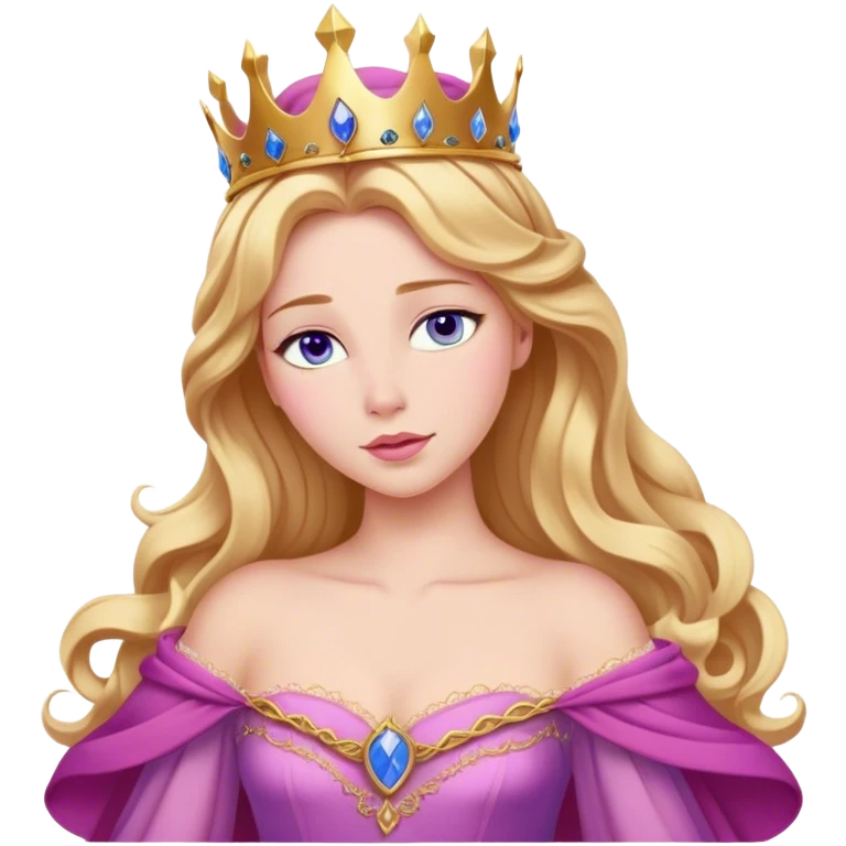 Cinematic Realistic Sleeping Beauty (Aurora) Portrait, with porcelain-like skin featuring a natural rosy flush, illuminated by soft lighting that highlights the gentle contours of her face. Her golden blonde hair flows in soft, detailed waves with subtle highlights that shimmer in the light. Her deep violet-blue eyes radiate warmth and innocence, framed by arched brows and long lashes. Her serene expression exudes quiet elegance. She is dressed in her classic pink gown, the fabric rich in texture with delicate folds that catch the light. A golden crown rests atop her head, gleaming with royal refinement. The portrait captures a soft, glowing aura, blending realism with an ethereal sense of beauty and timeless enchantment. emoji