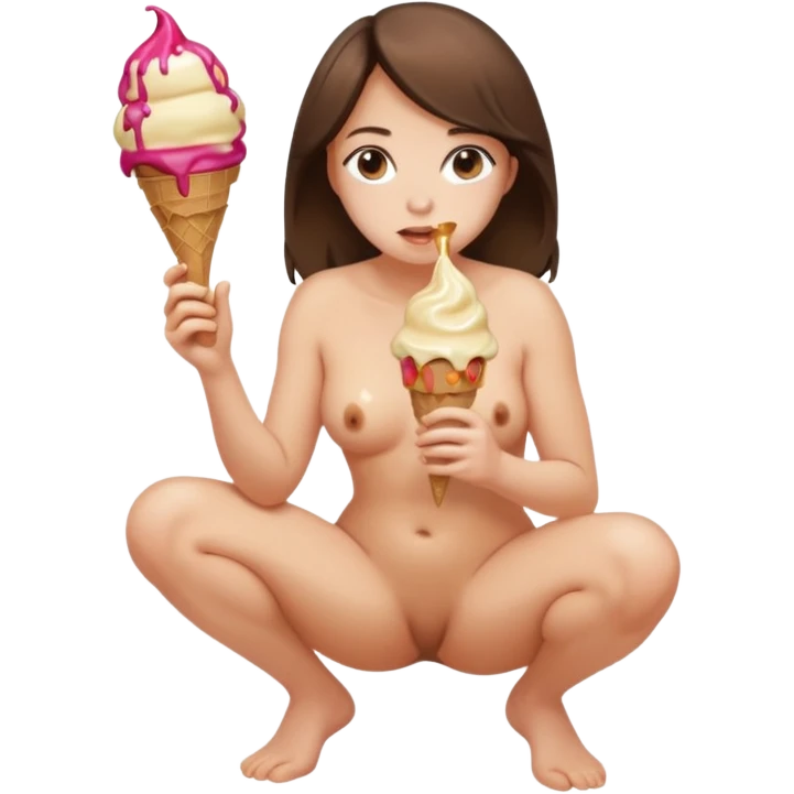 women squatting, full body naked showing brown icecream under her emoji