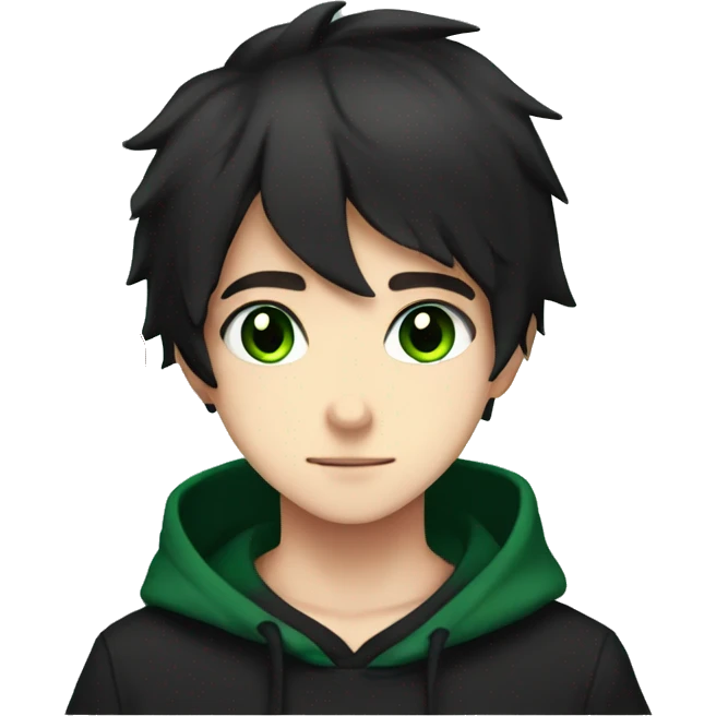 anime boy dark hair dark green eyes in black hoodie in love with hearts  emoji