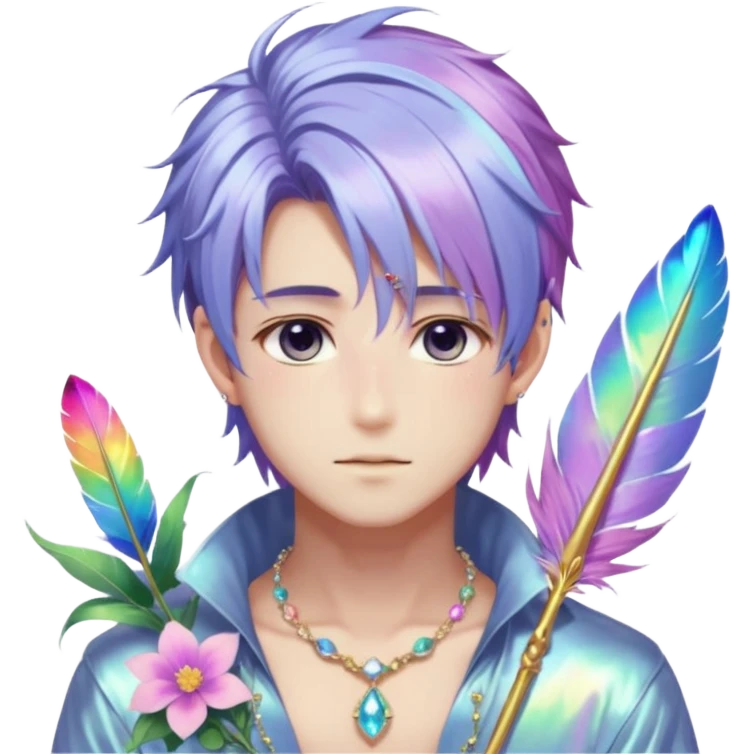 Beautiful gorgeous anime guy with beautiful iridescent-special-hair, fashion aesthetic, ethereal, fairycore, pastelcore, feather, flower, gems, accessories, jewelries, gold, colorful emoji