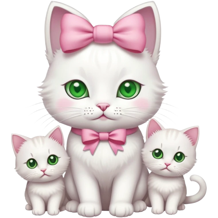 A white cat with a pink bow an green eyes with 4 kittens emoji