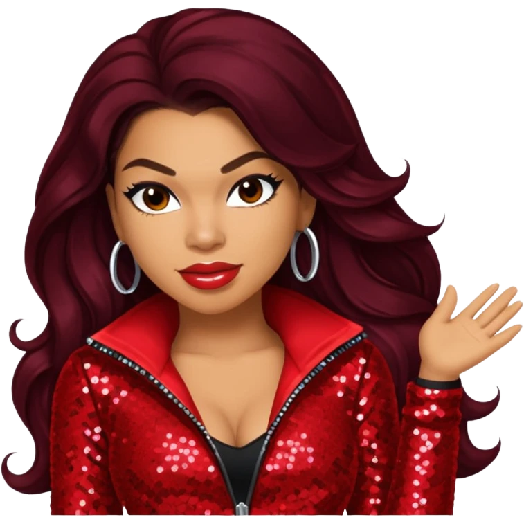 Jordin Sparks with long dark brown hair, red sequin outfit emoji