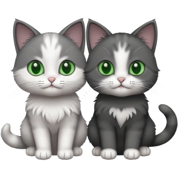 2 different coloured small cats including a dark grey and white and a completely solid dark grey with green eyes and only white paws emoji