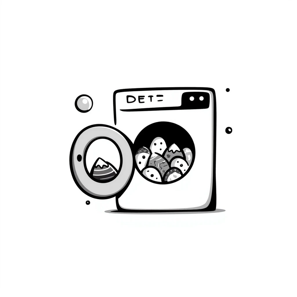 playful hand-drawn doodle of a washing machine with colorful bubbles and clothes peeking out emoji