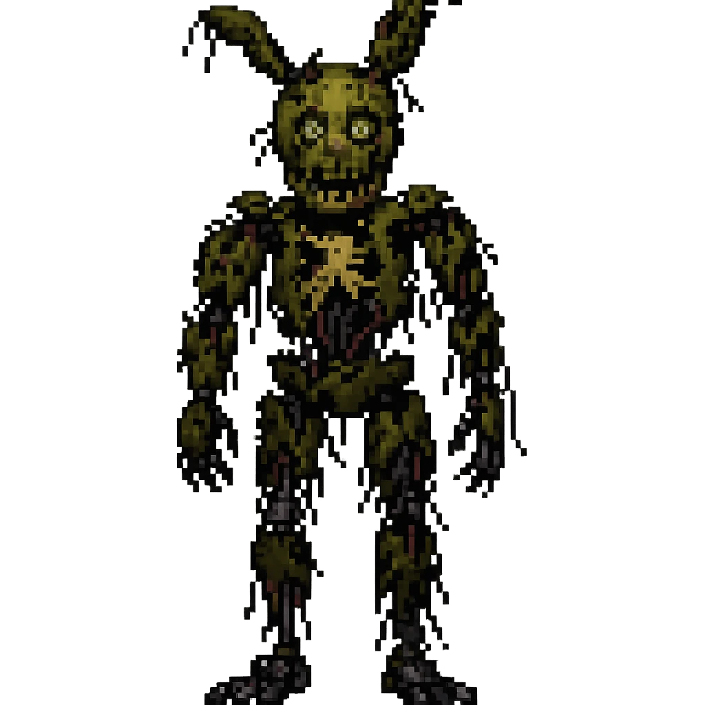 Make the full body Springtrap look extremely damaged, with large holes, lots of exposed wires and metal in pixel art style. Remove background. emoji