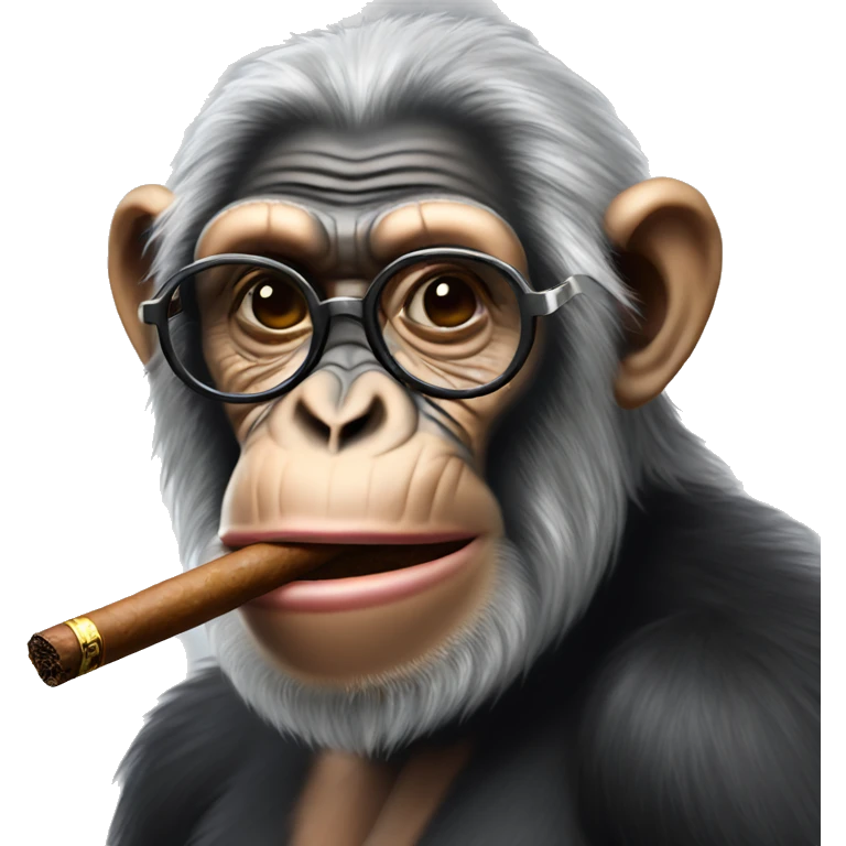 An old chimpanzee with grey hair smoking a cigar wearing glasses  emoji