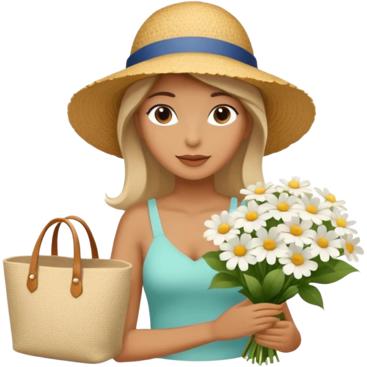 summer beautiful wicker hat next to it lies a beach beige bag and a bouquet of white flowers emoji