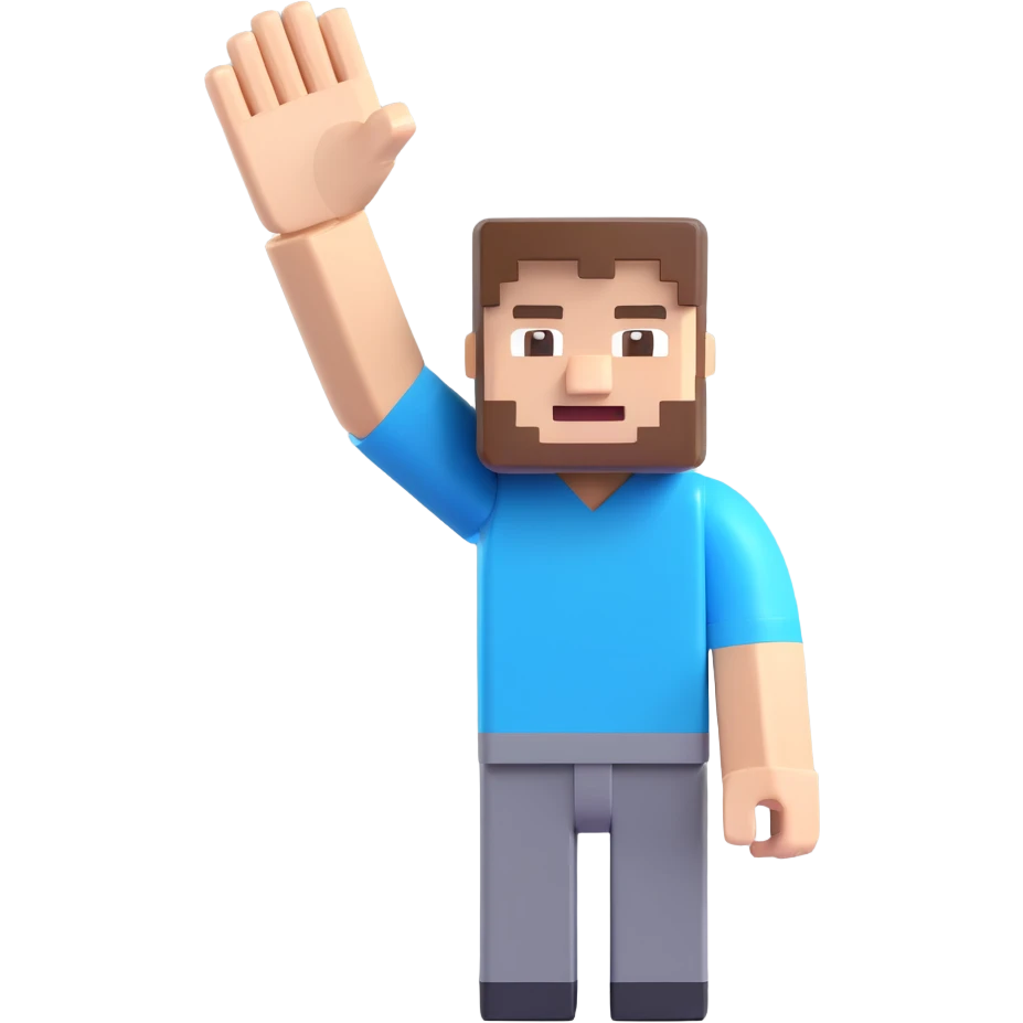 Minecraft Steve waving, blocky body, blue shirt, friendly smile, 3D emoji style emoji