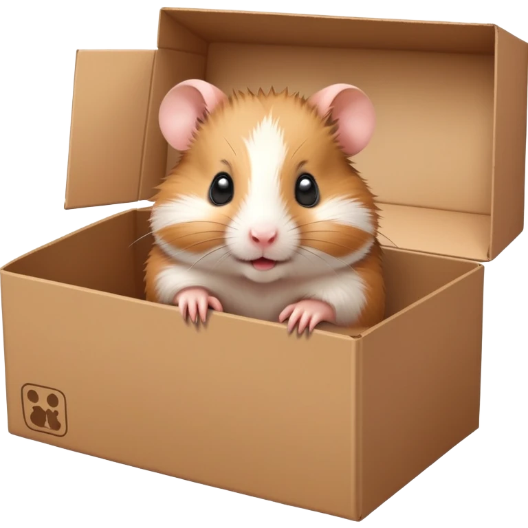  A very cute young  hamster  with one's head tilted to one side poked its paws out of the cardboard big box and placed them on top of it emoji