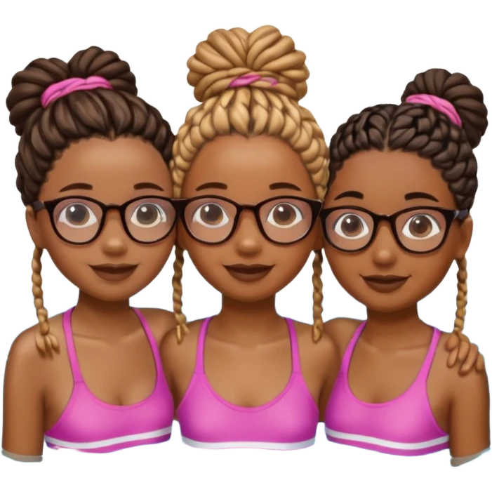 3 black girls im the pool having fun, one is tall caramel skin and slim with glasses and coller bone mini twists, the other is dark skin with no glasses and neck shoulder length mini twists and the last girl is short and chubby with box braids and no glasses  emoji