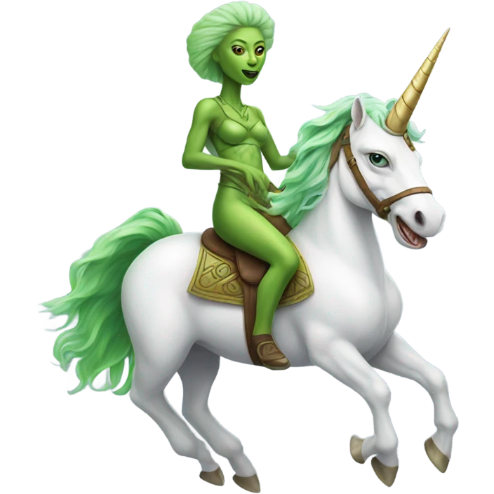 a green amazon alien woman on a white unicorn emoji