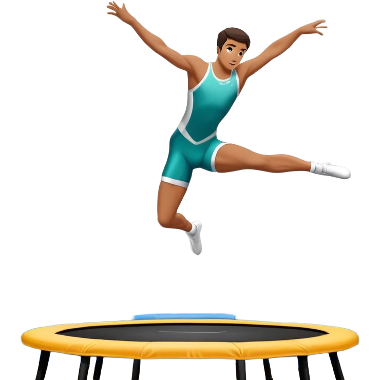 An athletic person soaring high above a trampoline, executing an acrobatic flip with perfect form. The scene captures motion and energy, with a dynamic pose, stretched limbs, and a focused expression. The background suggests a professional trampoline arena with safety padding. emoji