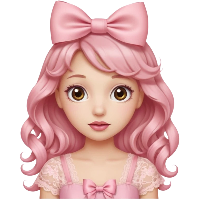 “Emoji girl, doe eyes, long fluttery lashes, soft pink blush, glossy rose lips, ribbon hair bow, romantic curls, wearing pastel pink lace top.” emoji