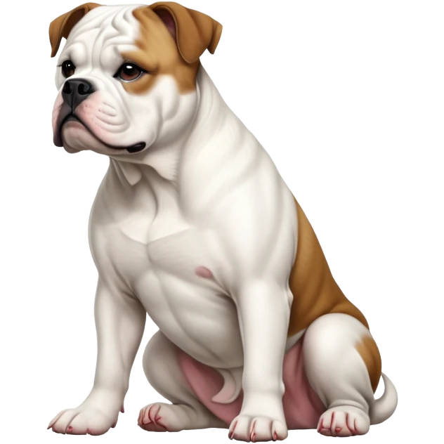 cinematic-[american bulldog]-realistic-full-body-sitting-emoji,-tail-resting-loosely-beside-its-paws,-head-tilted-dramatically,-fluffy-[colour]-fur,-simplified-yet-realistic-focused-features,-highly-detailed,-glowing-with-an-almost-sarcastic-glow emoji