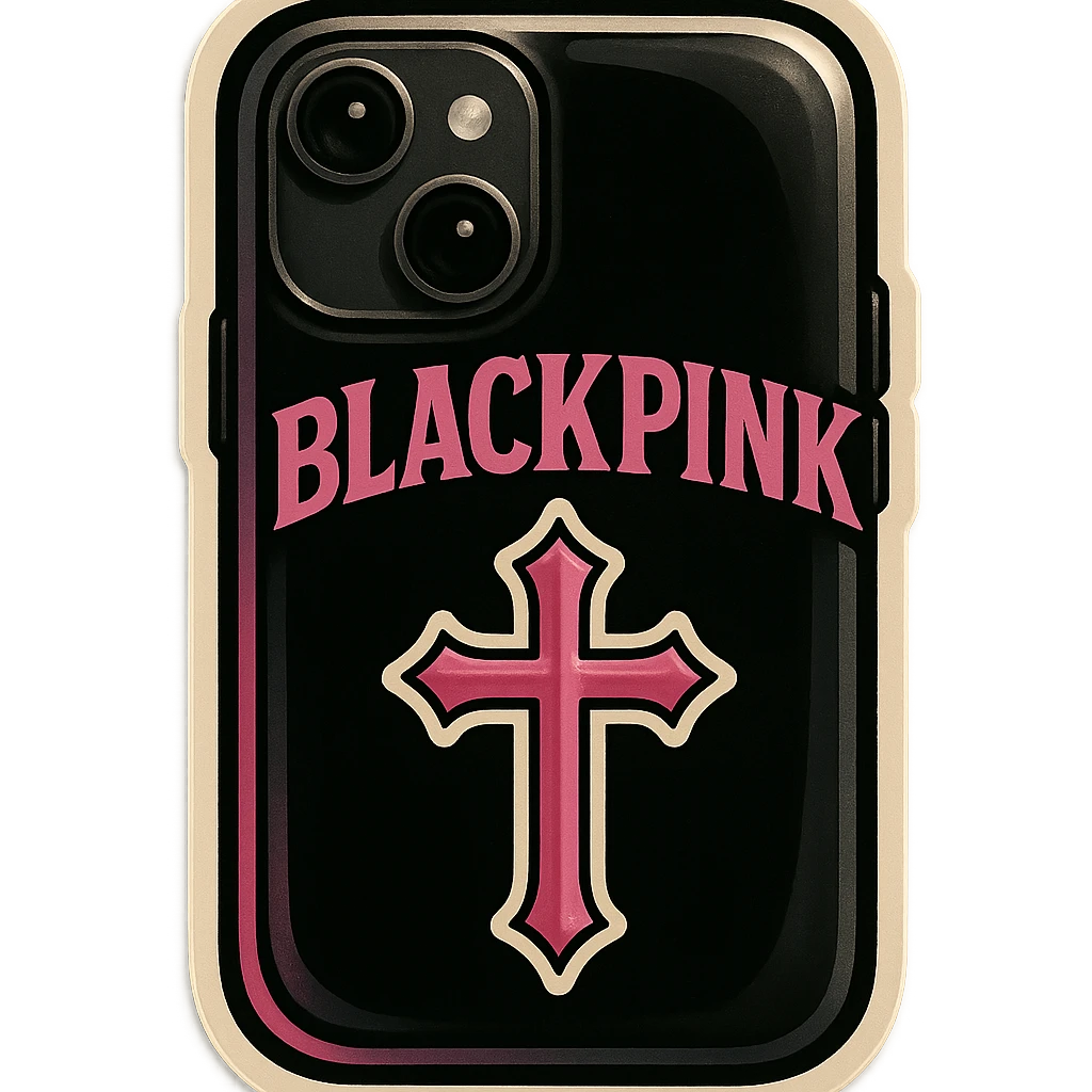 BLACKPINK-inspired gothic phone case, playful and stylish, black and pink, no hearts emoji