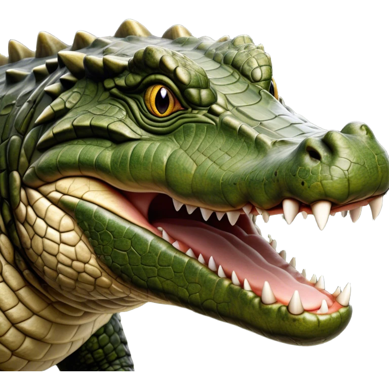 Cinematic Realistic Noble Crocodile Portrait Emoji, Poised and formidable, with a massive, muscular build and a rugged, intricately textured scaly hide in deep olive-green with natural camouflaged patterns, a powerful, fearsome jaw and piercing, ancient eyes rendered in lifelike detail, high shine, intelligent and imposing, styled with an air of primal authority, focused and attentive, soft glowing outline, capturing the essence of a watchful and confident crocodile that appears ready to surge out of the screen with effortless power! emoji