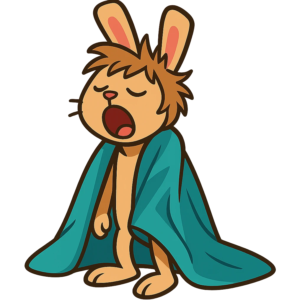 full-body pale brown bunny yawning with messy hair, blanket over shoulders, vibrant-toon style emoji