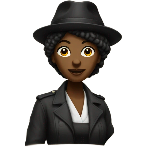 A tall black female revolutionary in dark shades and a tam hat with a raised fist! emoji