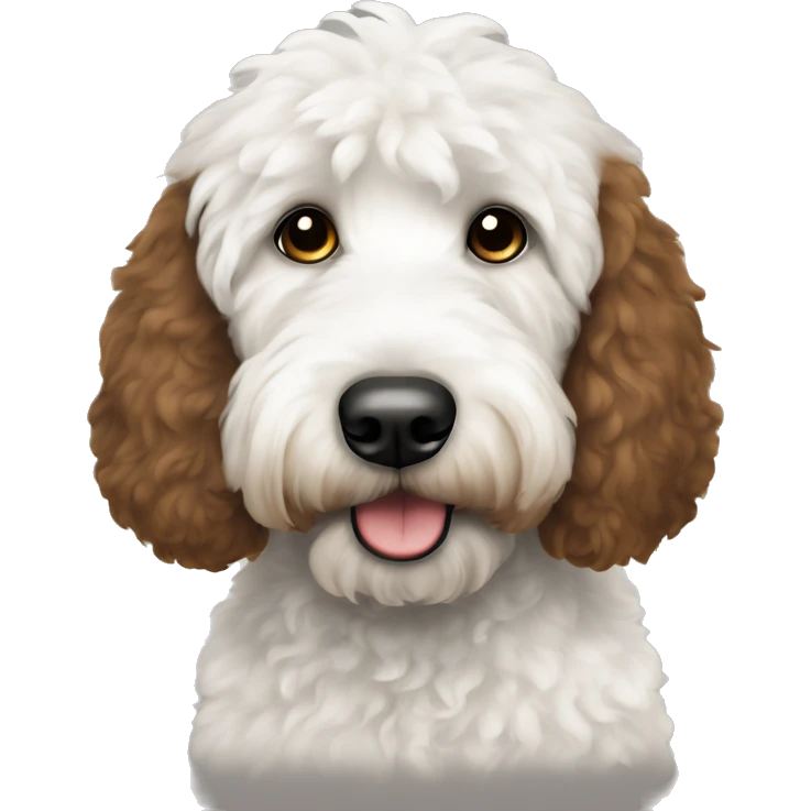 white and black goldendoodle with brown eye patches emoji