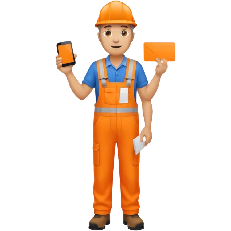 mature engineer hi-vis orange overalls standing full body holding a card emoji