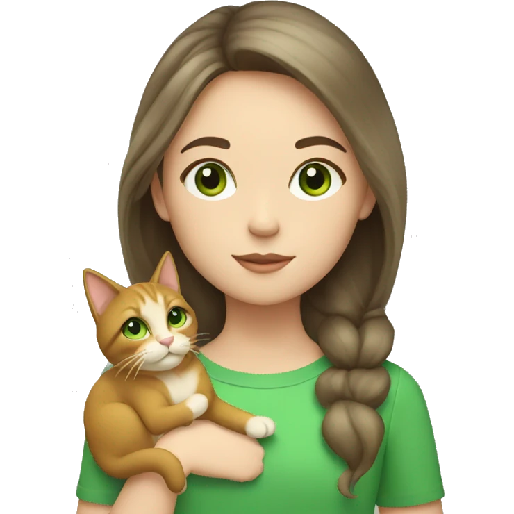 girl with dark blond hair and green eyes, holding a cat with 3 colors emoji