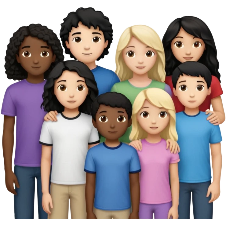 Group of diverse friends standing together, including a dark-skinned boy with straight hair, a light-skinned boy with straight blonde hair, a light-skinned girl with straight black hair, a mixed-race girl with straight brown hair, a light-skinned boy with wavy black hair, a mixed-race girl with dark curly hair, and in the center a light-skinned girl with wavy brown hair emoji