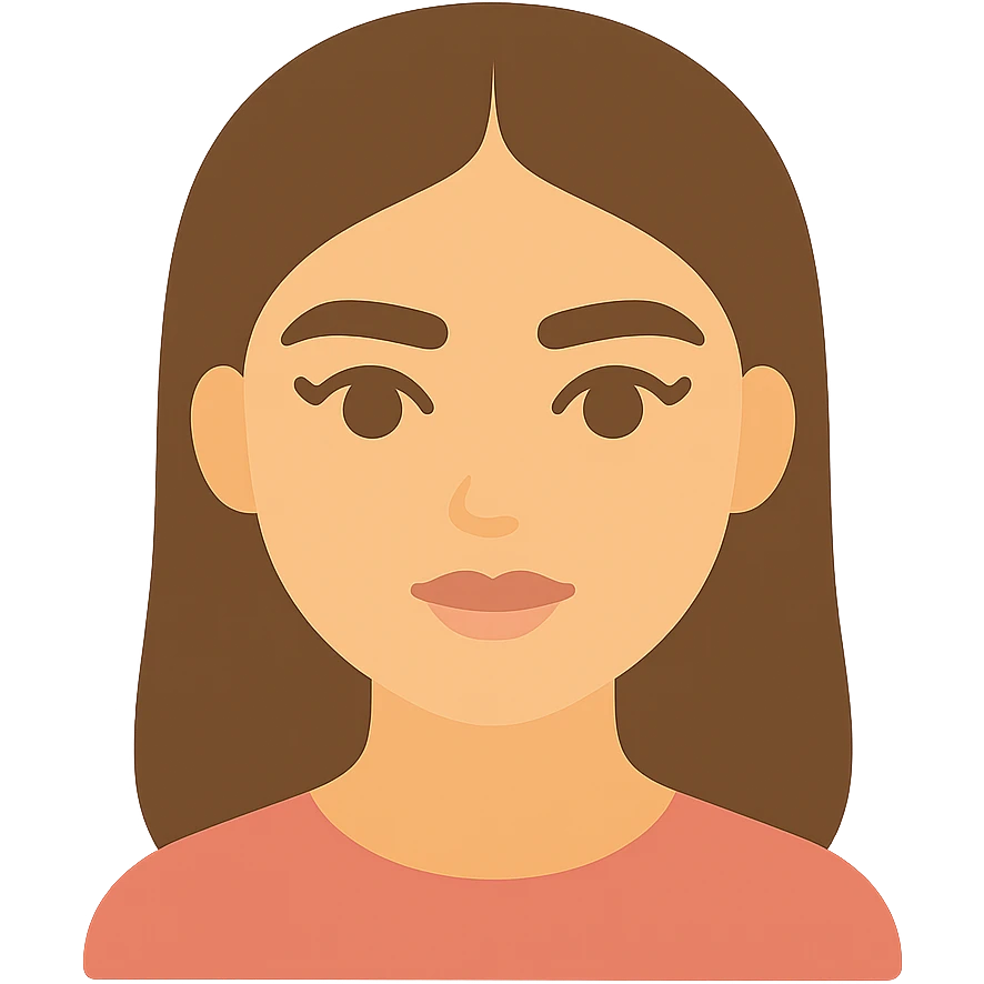 pretty girl with thick eyebrows, straight brown hair and brown eyes, curled eyelashes, color icon emoji