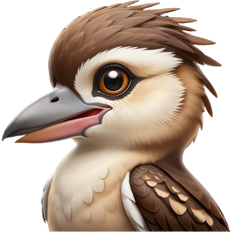Cinematic Cute Kookaburra Portrait Emoji, Head tilted playfully and inquisitively, featuring a glossy brown plumage with subtle cream accents and a perky, expressive beak, round, sparkling eyes filled with curious mirth, Simplified yet irresistibly adorable features, highly detailed, glowing with a warm, friendly glow, high shine, affectionate and spirited, stylized with a touch of bushland whimsy, bright and endearing, soft glowing outline, capturing the essence of a mischievous yet loving kookaburra, so playful it feels like it could chuckle out of the screen into your arms! emoji