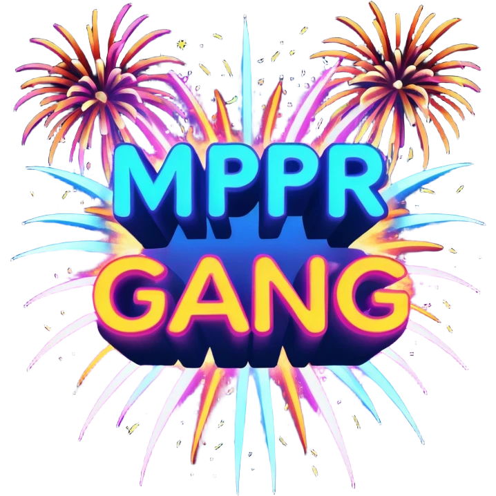 Create a bold, over-the-top emoji-style design featuring the text “MPR Gang” in large, glowing letters surrounded by explosive fireworks, neon colors, and dynamic energy effects. The style should feel celebratory, chaotic, and powerful, like a wild party or epic team victory. emoji