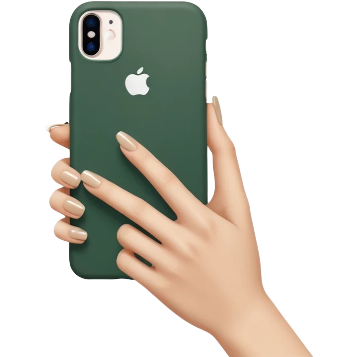 female hand with nude manicure (5 fingers) holding a white iPhone in a dark green case, minimalism, angled view emoji
