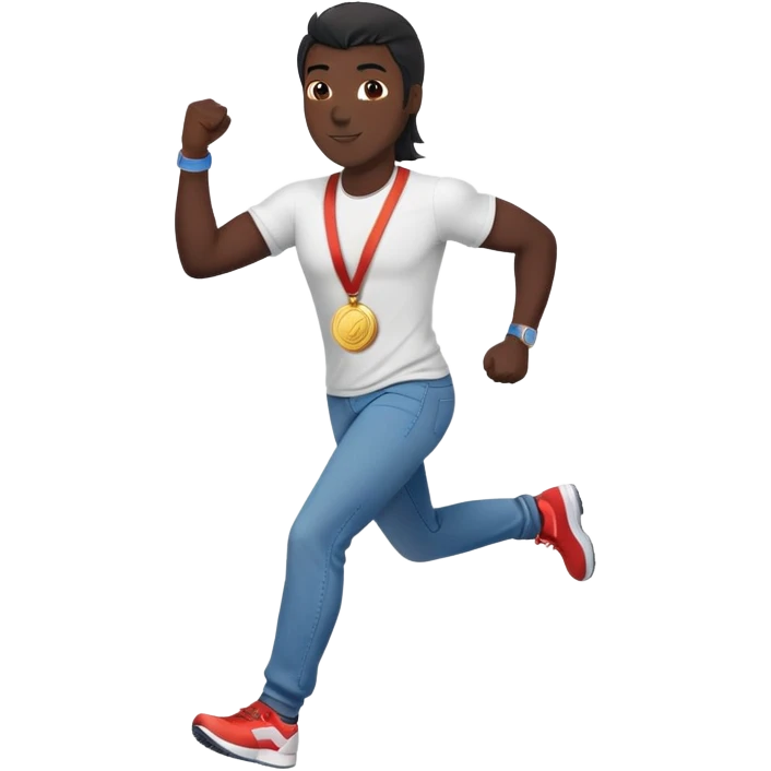 friendly anthropomorphised black stallion in jeans and a t-shirt, jogging upright in standard pose, holding a medal emoji