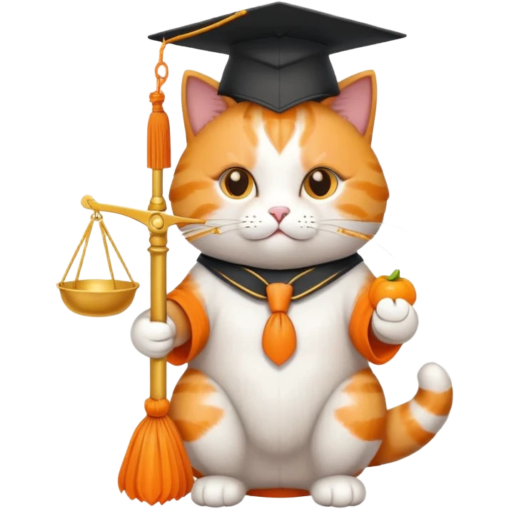 cat wearing a graduation cap, holding scales of justice emoji