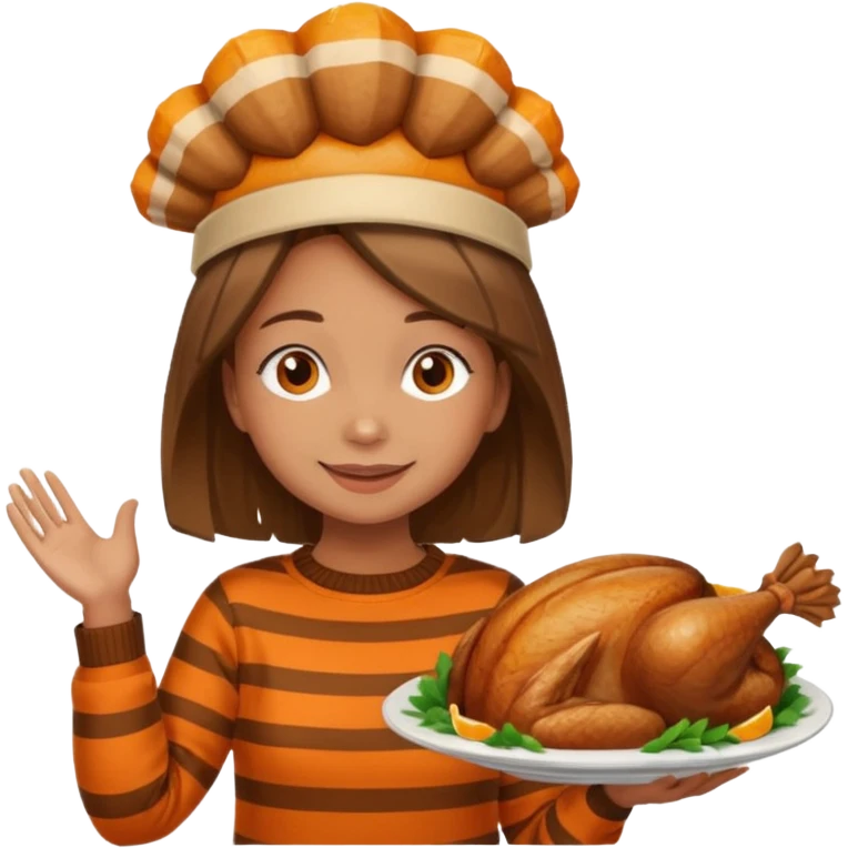 happy tan girl with an orange striped sweater and a cooked browned turkey on her head  emoji