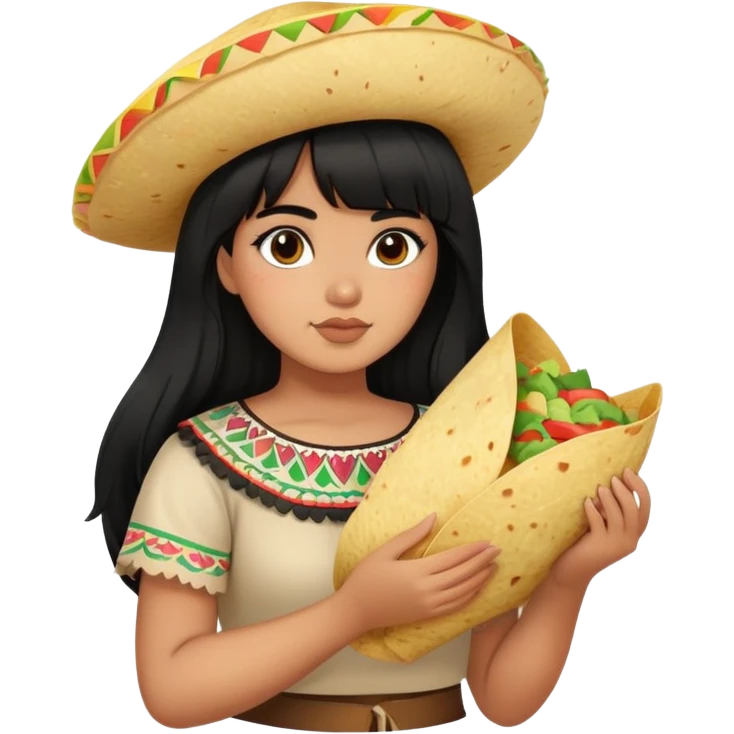 Mexican girl with bangs black long hair plus size with tortilla emoji