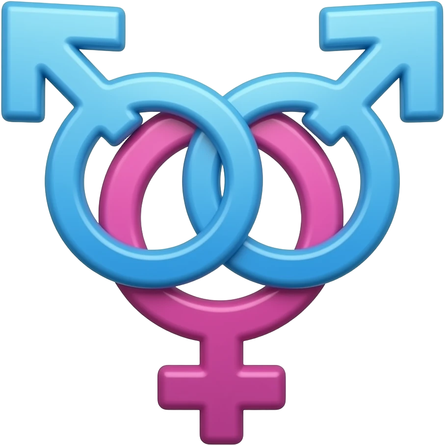 A cute bisexual emoji for discord with two male symbols looped through the top loop of one female symbol emoji