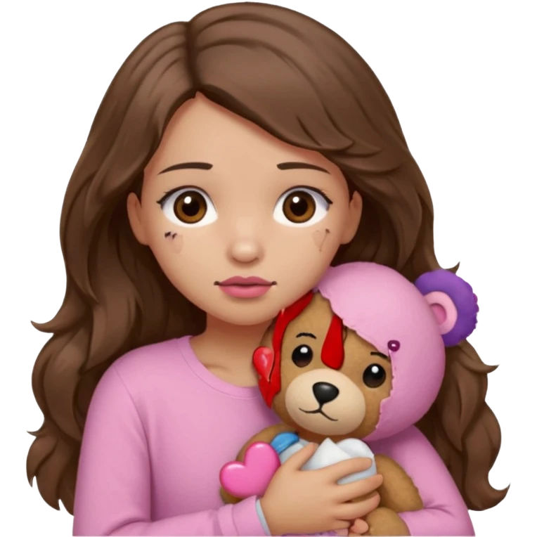 girl with long wavy brown hair, brown eyes, light to medium complexion, in a pink shirt, pink lips, long lashes, sad, hugging squeezing a teddy bear with a broken heart band aid emoji