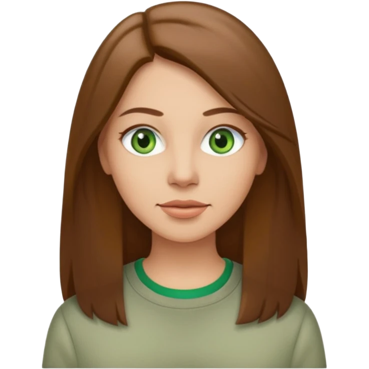 Adult woman avatar, light skin tone, oval face, straight long brown hair, green eyes, neutral mouth, casual  emoji