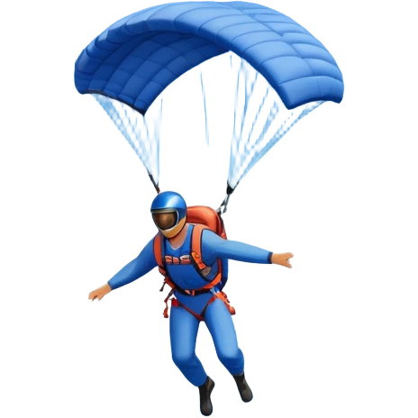 A base jumper soaring through the air, parachute deployed, flying off a steep mountain peak. The background is filled with majestic mountains, clear blue sky, and distant clouds, capturing the exhilarating thrill and beauty of extreme sports. emoji