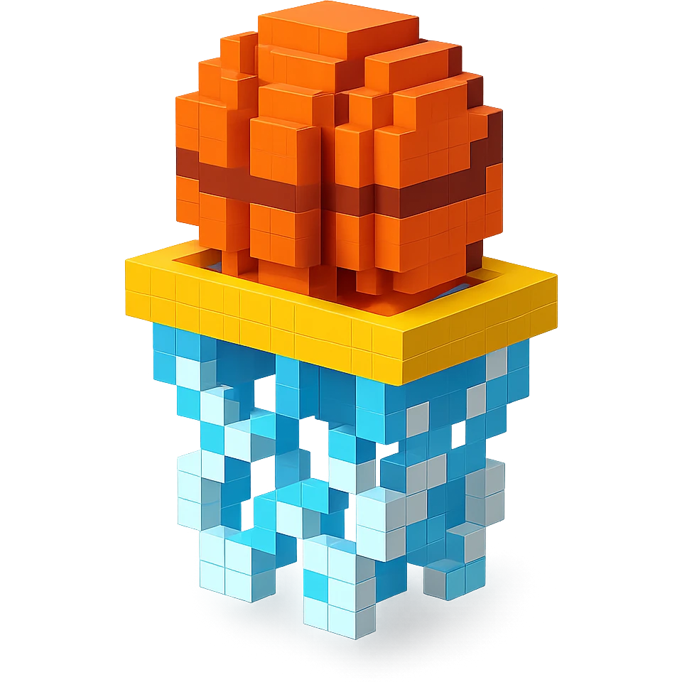 A voxel-style basketball in a net emoji