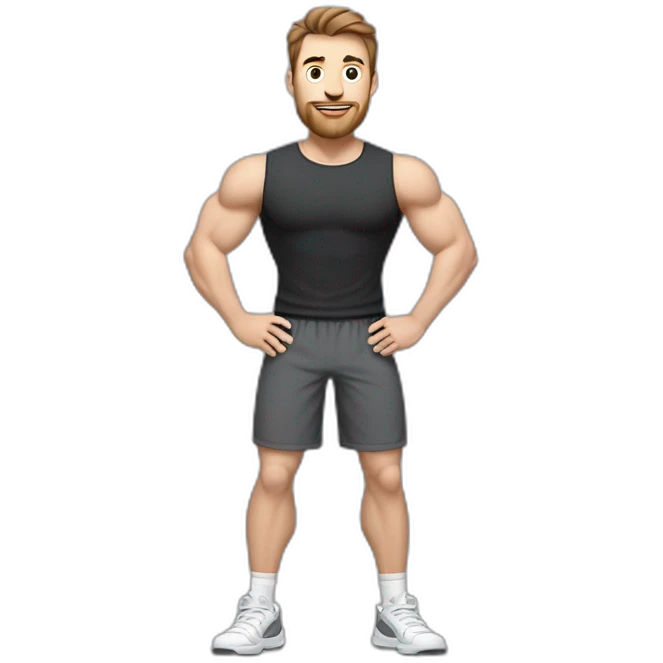 Full height Actively gesturing with hands Pale skinned Fit Man With the biceps and brown hair in dark gray Sleeveless Mike, black oversize sports shorts, watch and white Sneakers emoji
