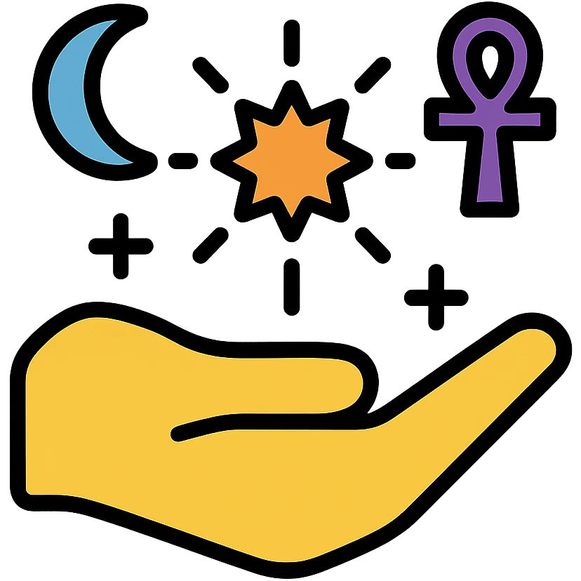 hand with glowing energy and spiritual symbols emoji