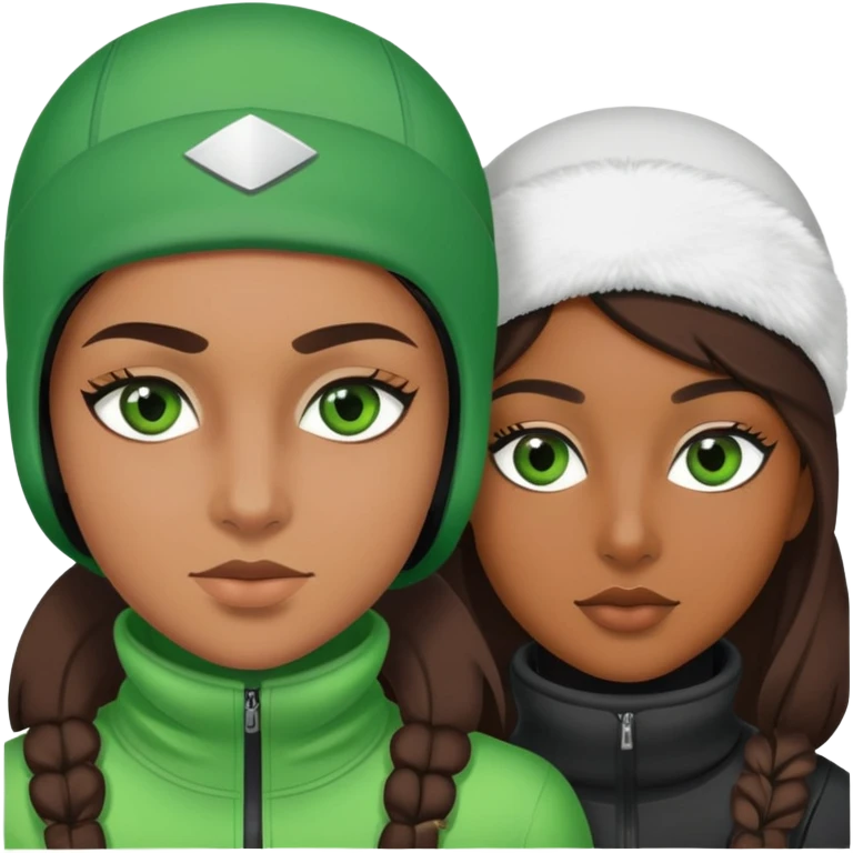 Green eyed brown girl and green eyed white guy in ski masks emoji