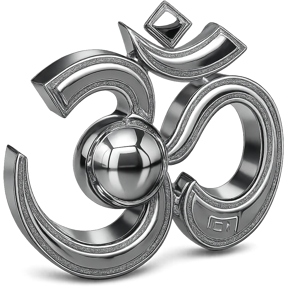 Place a radiant chrome sphere in the center of the Om sign, keep the style intricate and reflective, with no background. emoji