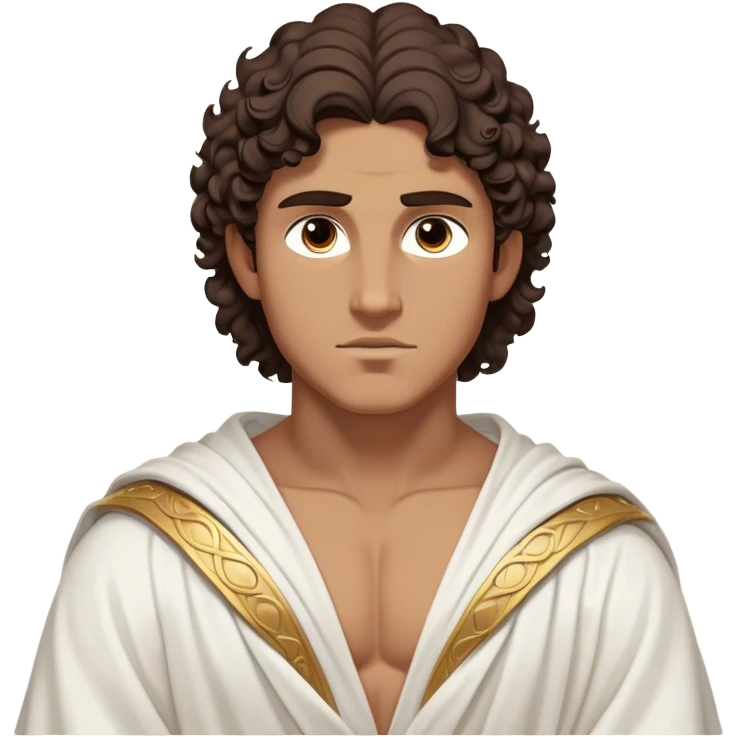 Cinematic Realistic Hercules Portrait, depicted as a classical Greek hero inspired by the Disney version yet echoing the refined proportions and serene dignity of Michelangelo's David. His idealized, tan skin glows with timeless strength, and his thick, curly wavy dark brownhair falls in natural, sculpted curls. Draped in a flowing white robe with delicate golden accents, his expressive eyes radiate determined nobility, all rendered under dynamic natural lighting with a mythic, radiant glow. emoji