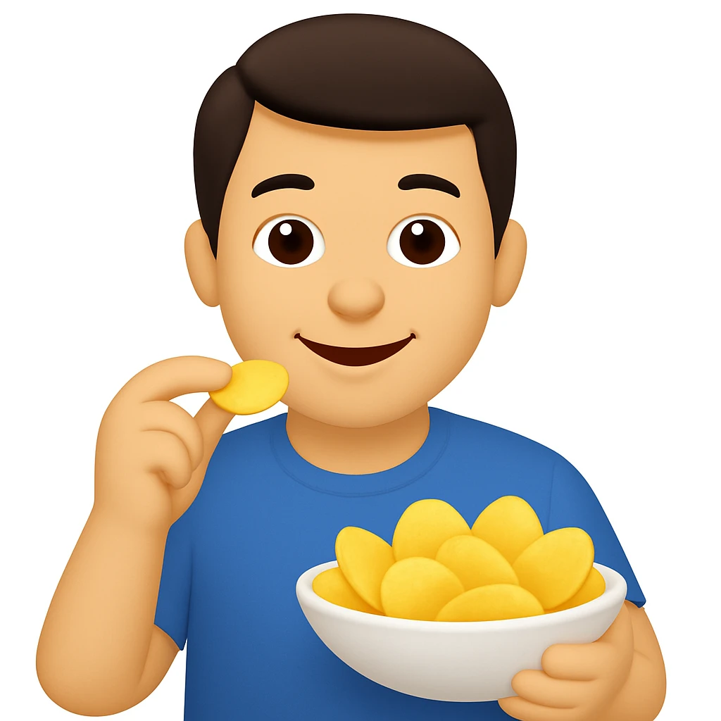 man eating chips, more white, smiling a little, emoji emoji