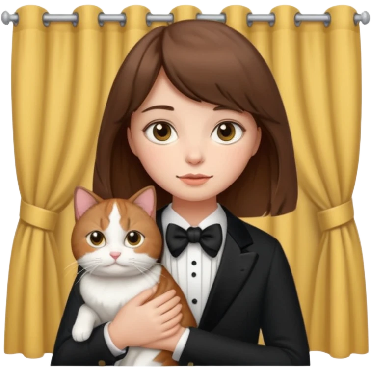 brown haired girl with curtain bangs holding a fat tuxedo cat emoji