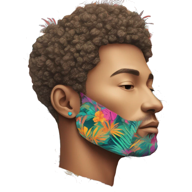 Person vaping wearing a colourful vibrant tropical patchwork of intricate vintage patterns, vape emoji