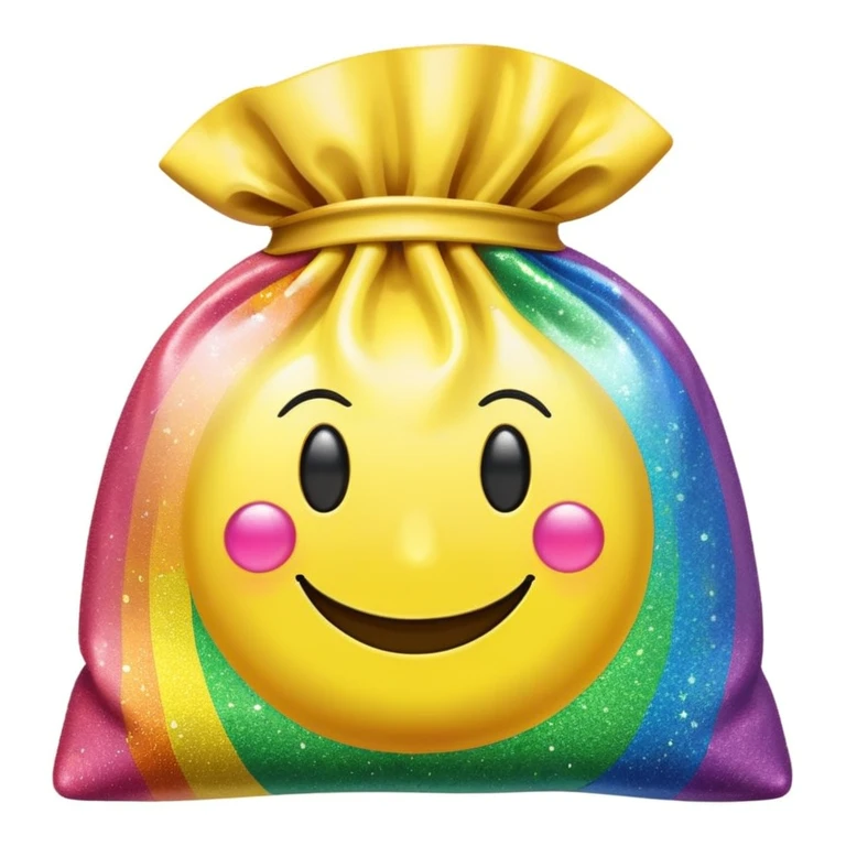 bag of rainbow glitter with a smiley face emoji