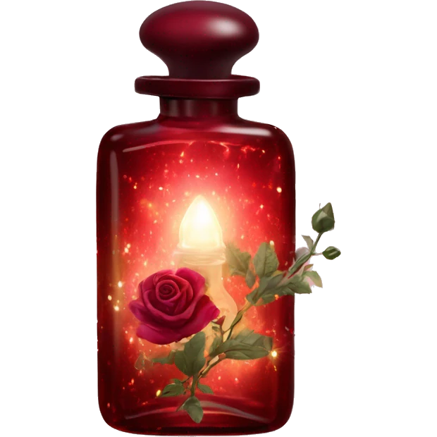 Dark red magic fairy light sparkling old Antique oil perfume bottle with herbal and rose flowers emoji