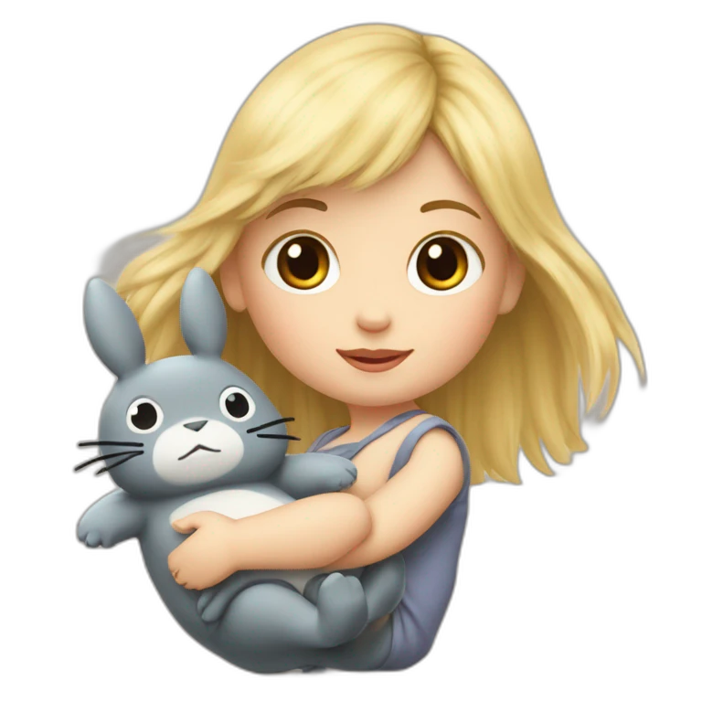 bébé fille blonde décoiffée avec une peluche Totoro  emoji